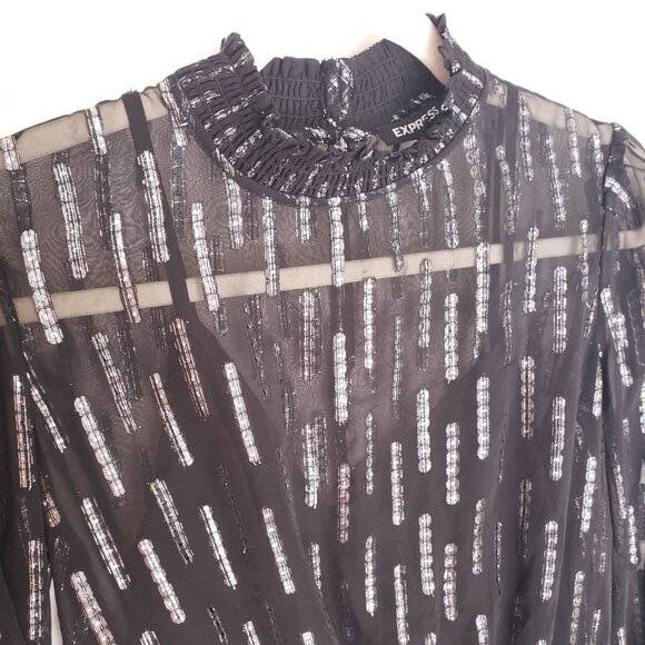 Express Women Black Mock Neck Long Sleeve Sheer Pattern Blouse Size M - Picture 6 of 13